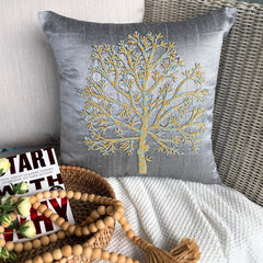 Tree Of Faith - Gray Art Silk Throw Pillow Cover