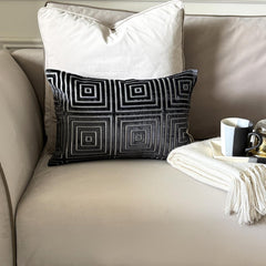 Charcoal Gray Velvet Lumbar Pillow Cover - Obsidian Grid Lumbar