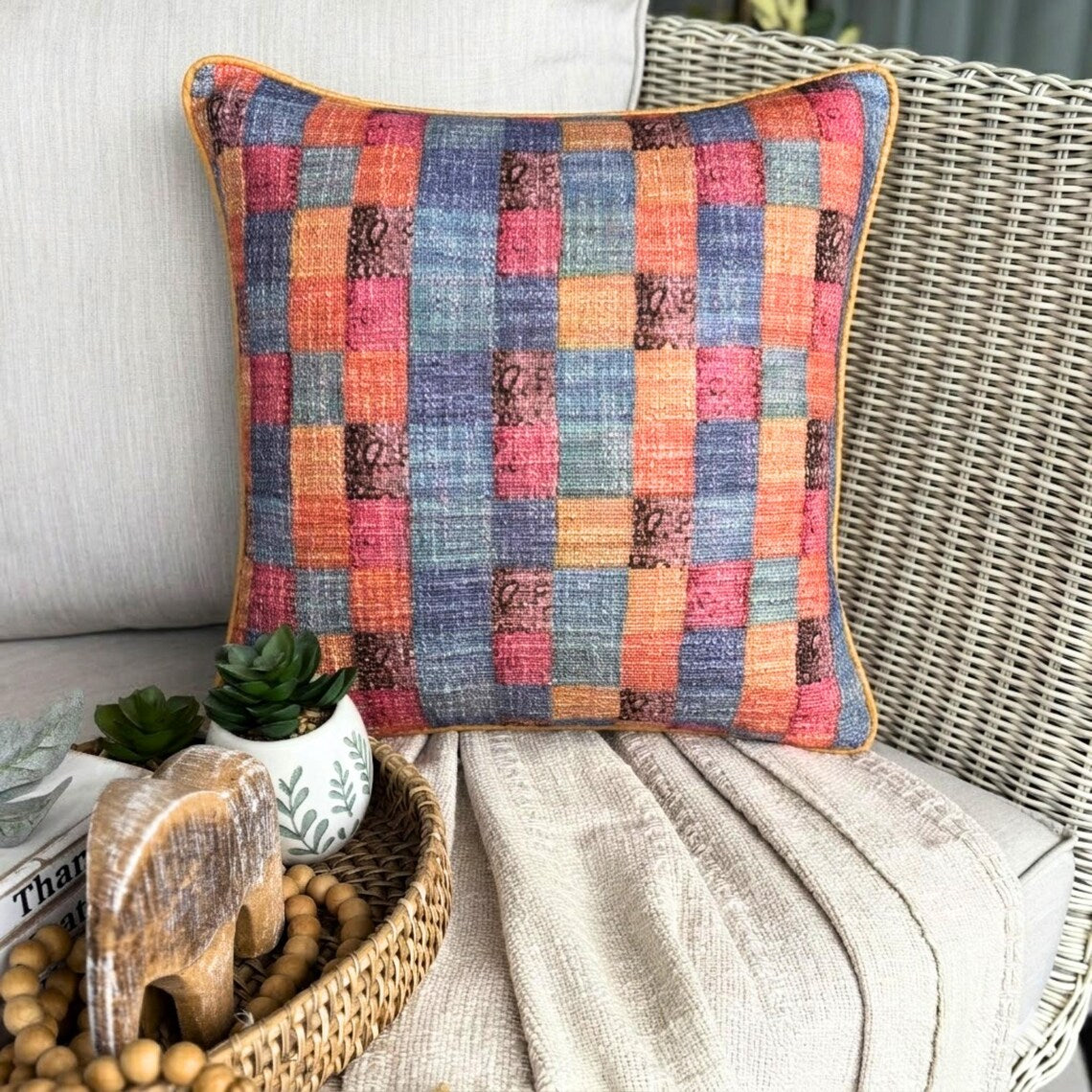 Hue Check Burlap Throw Pillow Cover