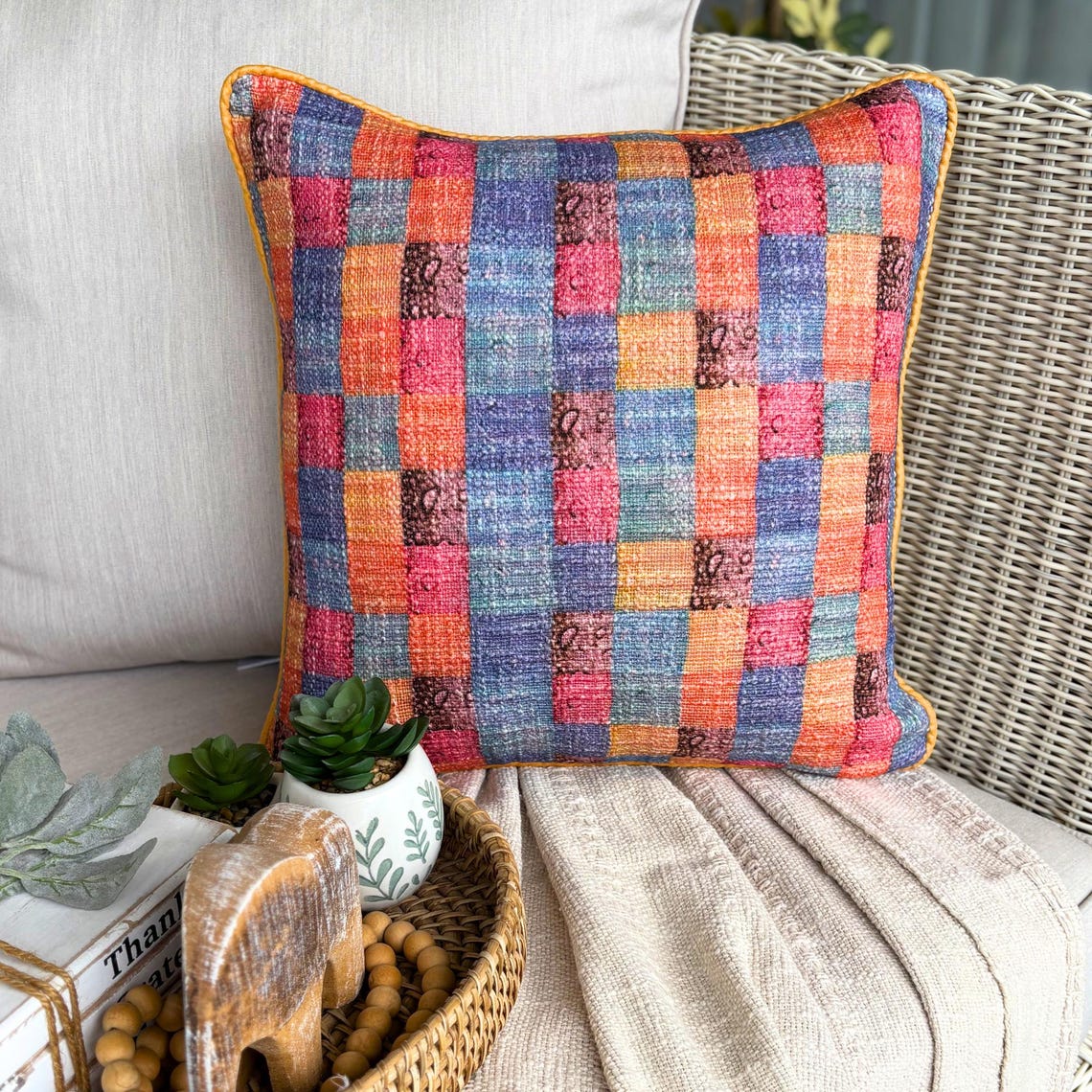 Hue Check - Orange Burlap Throw Pillow Cover