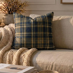 Plaidscape Navy - Navy Blue Velvet Winter Plaid  Throw Pillow Cover