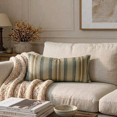 Linear Stripe Beige - Beige Velvet Striped Oblong Lumbar Pillow Cover