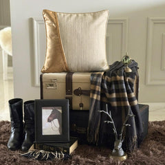 Acland - Beige & Gold Jute & Faux Leather Throw Pillow Cover