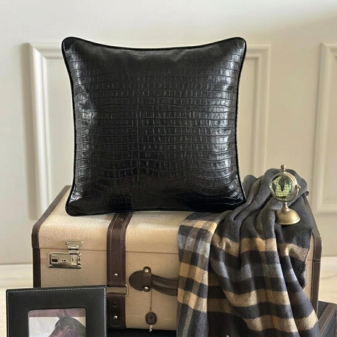Paved Black - Black Faux Leather Decorative Euro Sham