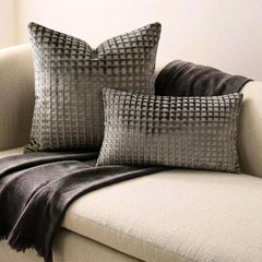 Silver Gray Velvet Lumbar Pillow Cover - Metro Grid Lumbar