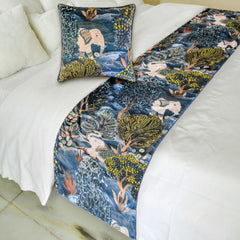 Velvet Blue Decorative Bed Runner and Pillow Cover - Midnight Menagerie