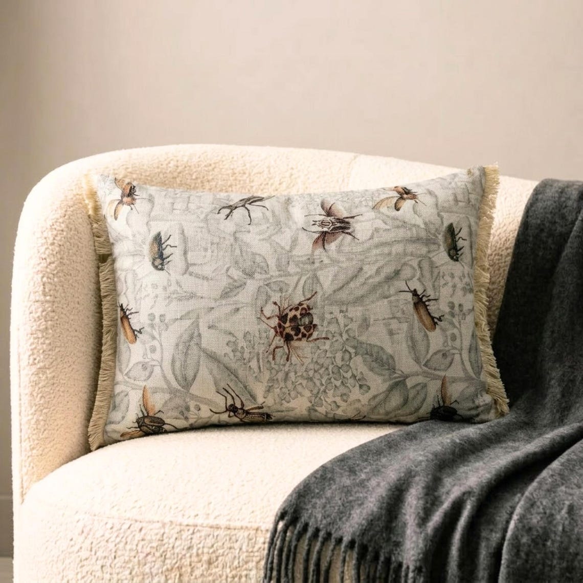 Beige Cotton Decorative Lumbar  Pillow Cover - Night Crawlers
