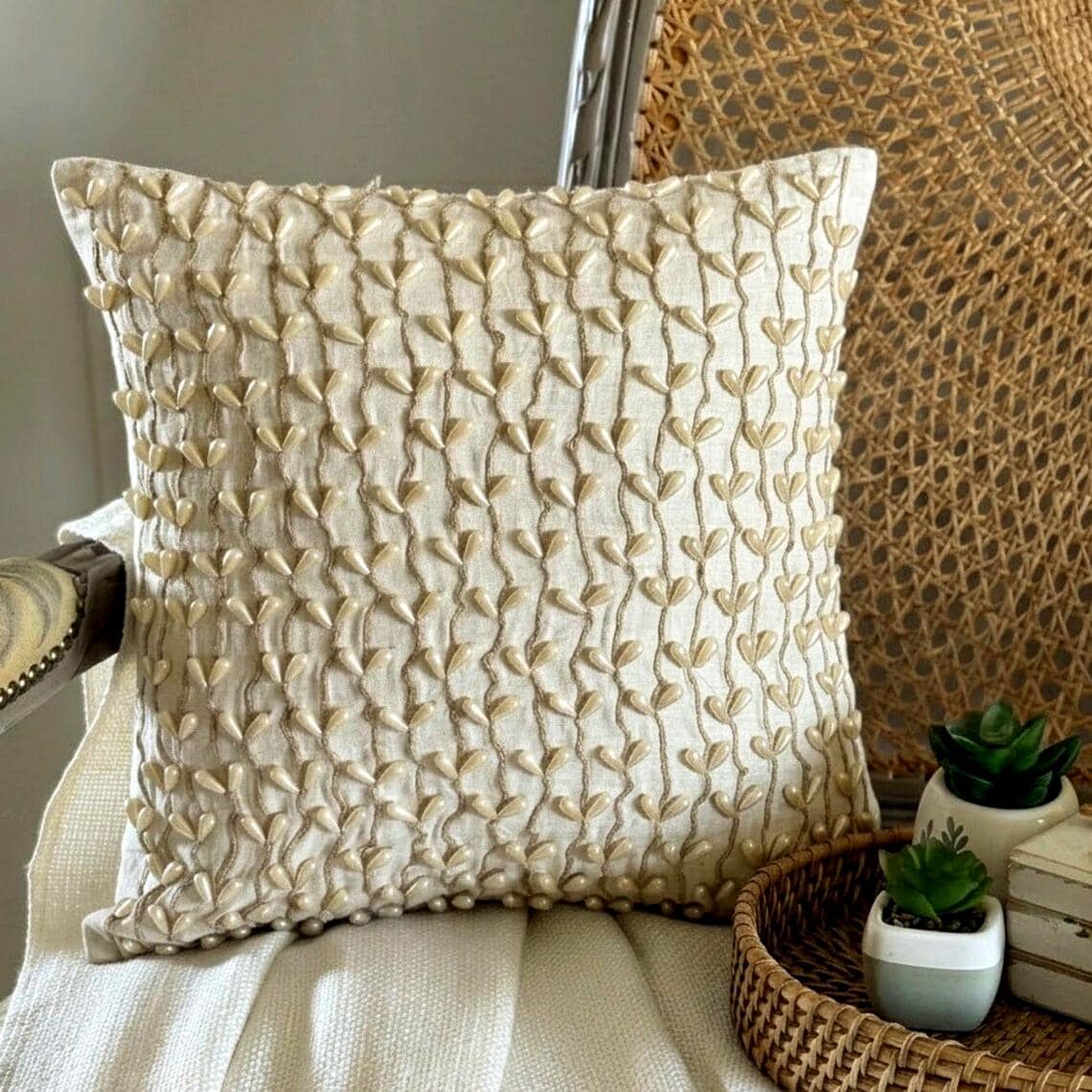 Pearl Drops Ivy - Natural Beige Cotton Linen Decorative Euro Sham