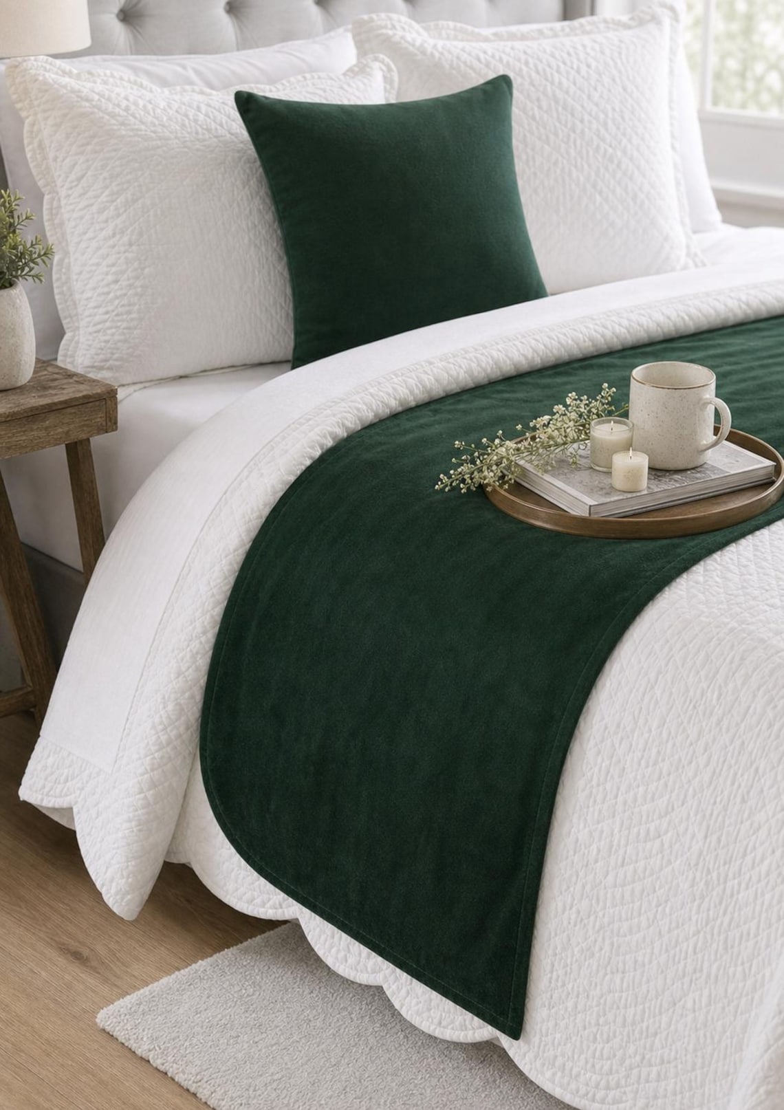 Dark Green Velvet Decorative Bed Runner and Pillow Cover