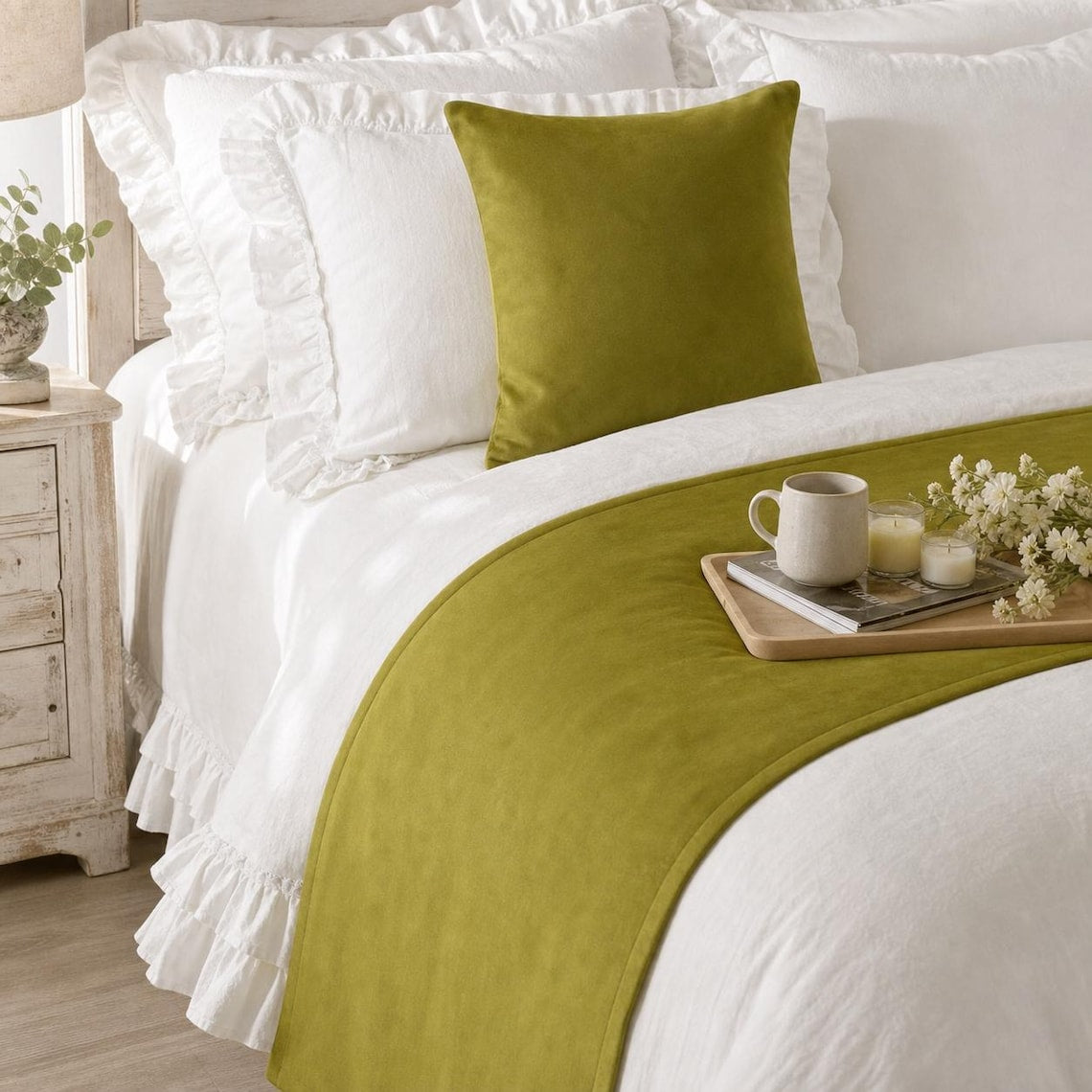 Chartreuse Velvet Decorative Bed Runner and Pillow Cover