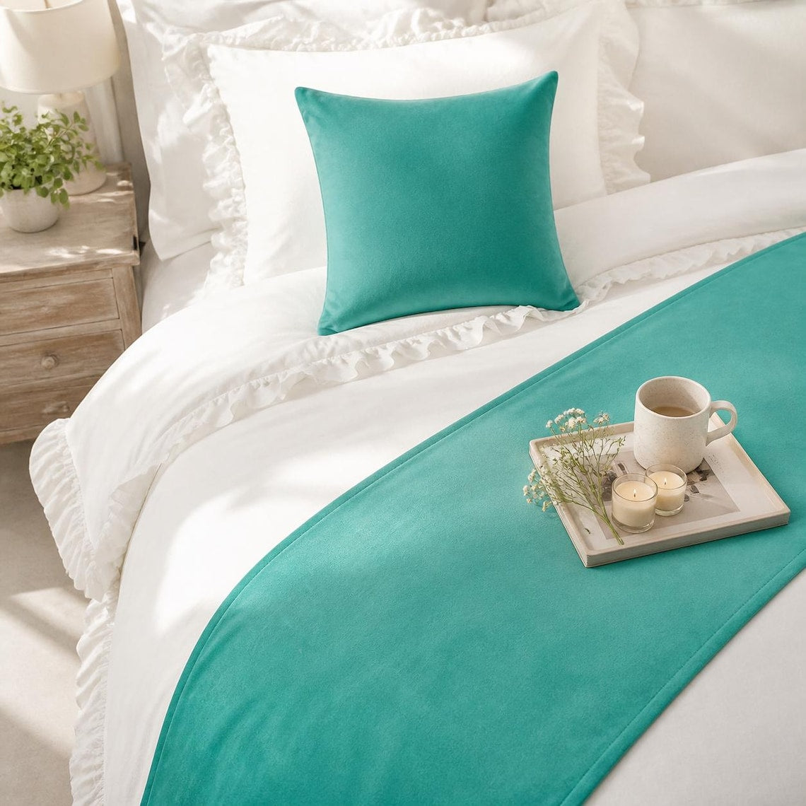 Turquoise Velvet Decorative Bed Runner and Pillow Cover