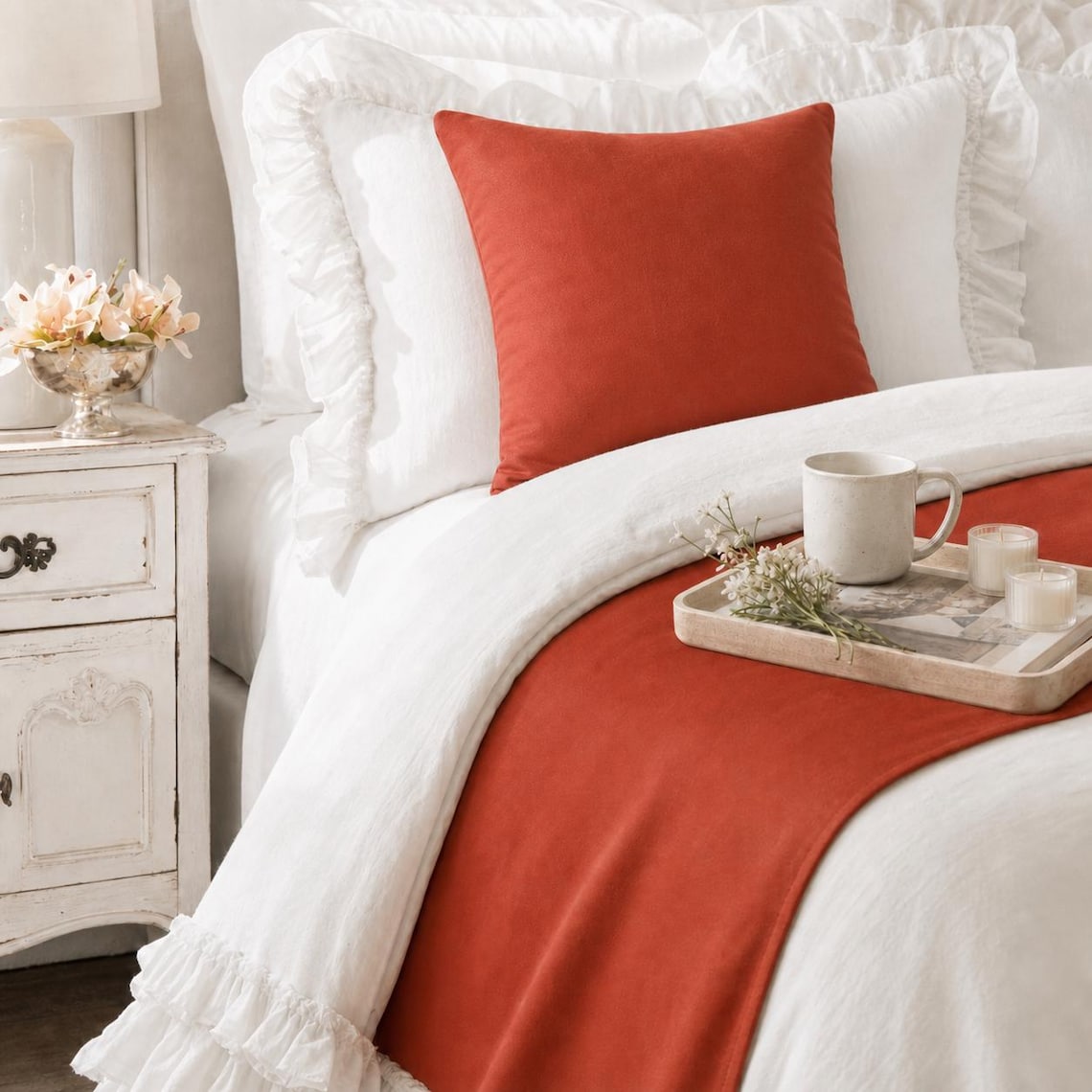 Rust Velvet Decorative Bed Runner and Pillow Cover