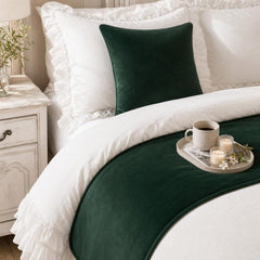 Velvet Dark Green Decorative Bed Runner and Pillow Cover - Dark Green Velvet