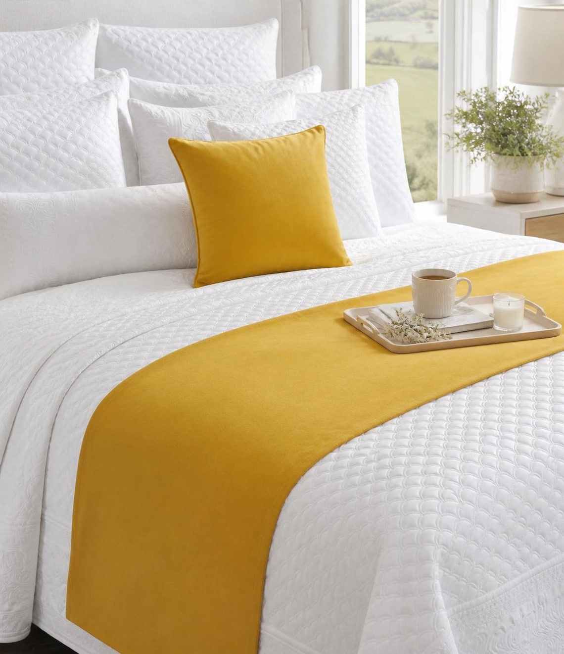 Mustard Gold Velvet Decorative Bed Runner and Pillow Cover