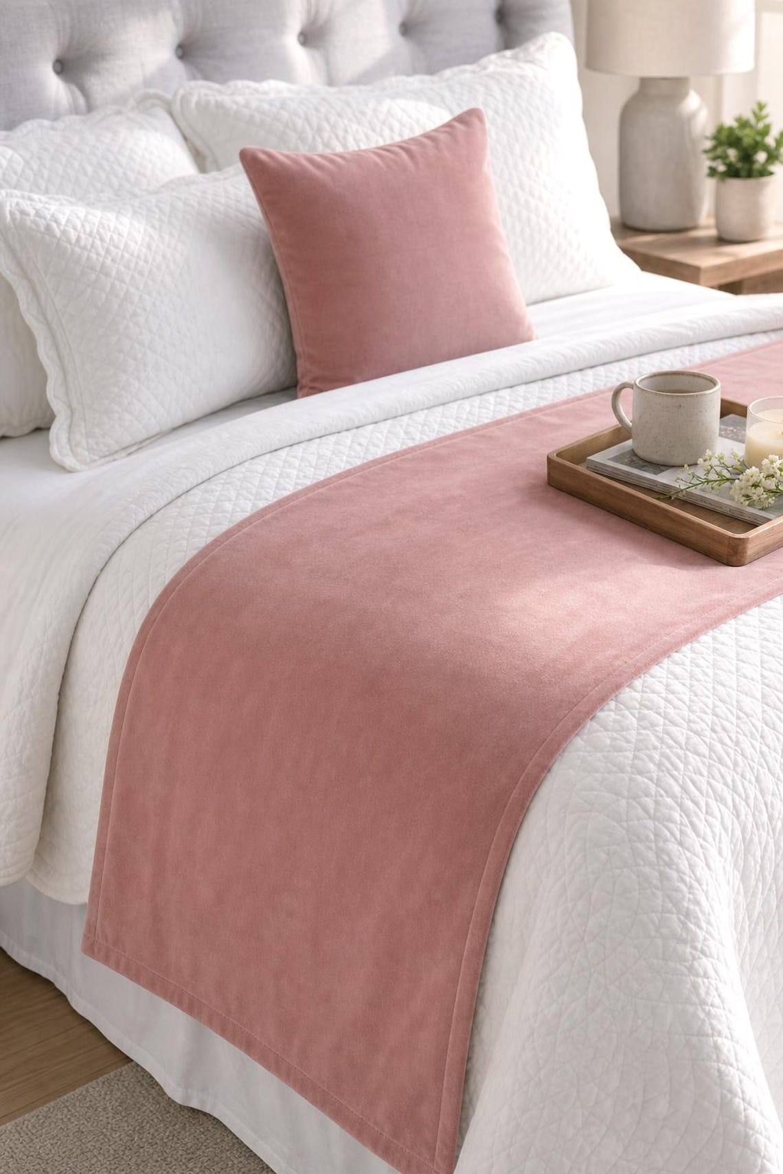 Dusty Rose Velvet Decorative Bed Runner and Pillow Cover