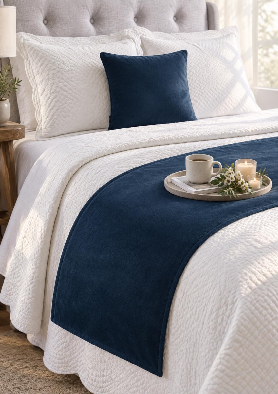 Navy Blue Velvet Decorative Bed Runner and Pillow Cover