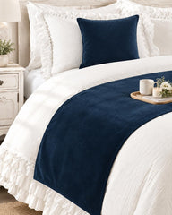 Velvet Navy Blue Decorative Bed Runner and Pillow Cover - Navy Blue Velvet