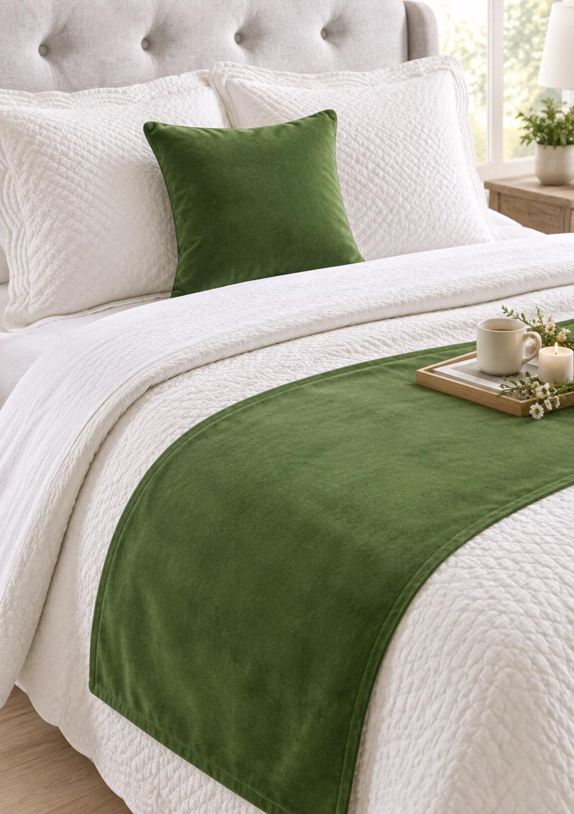 Moss Green Velvet Decorative Bed Runner and Pillow Cover