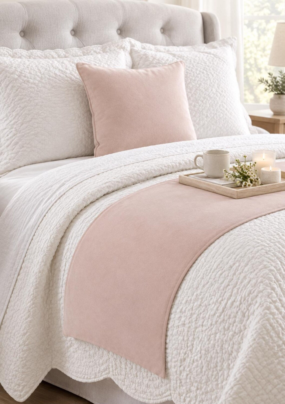 Soft Pink Velvet Decorative Bed Runner and Pillow Cover