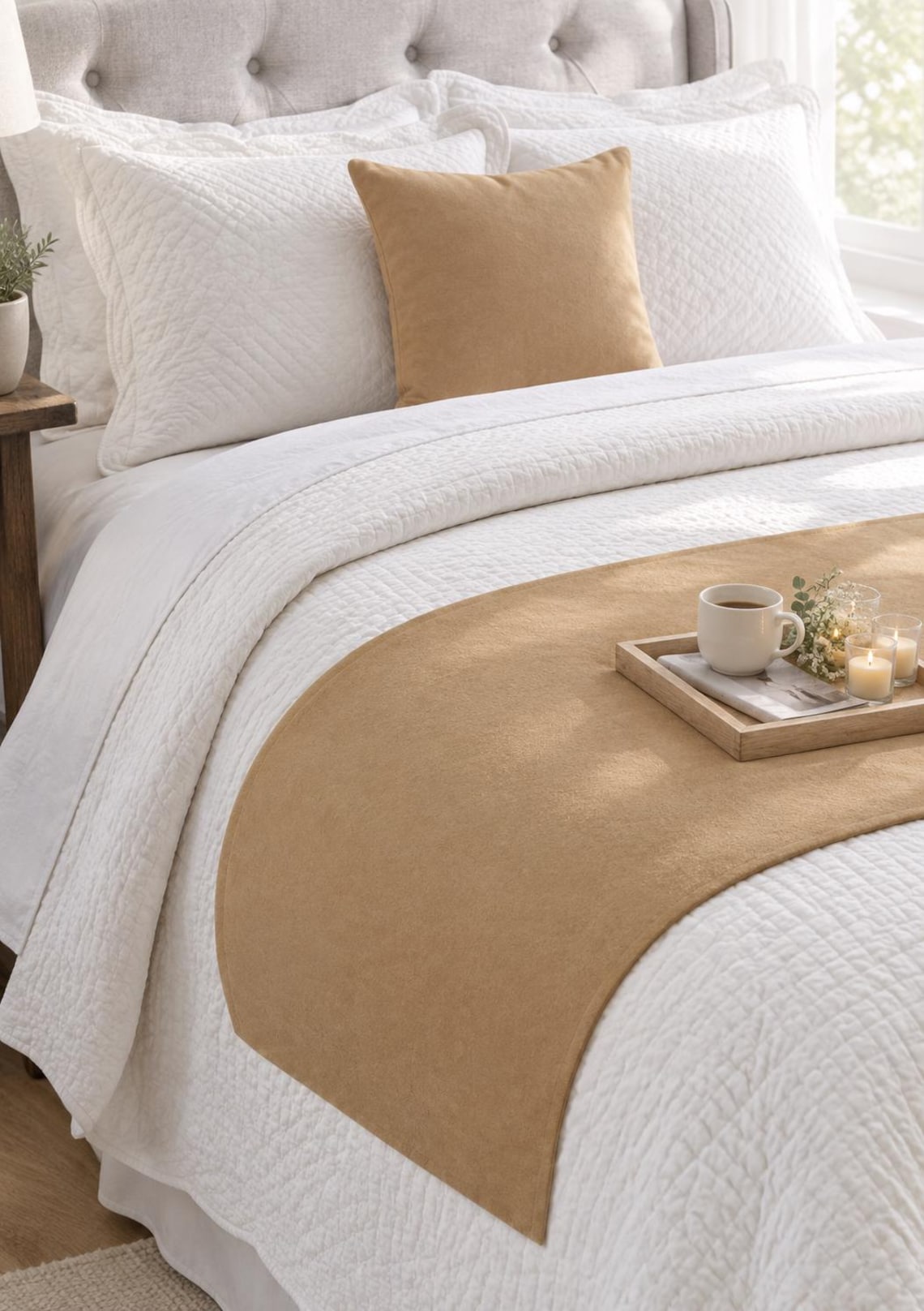 Warm Tan Velvet Decorative Bed Runner and Pillow Cover
