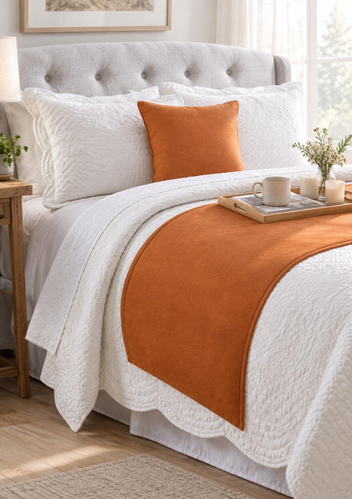 Burnt Orange Velvet Decorative Bed Runner and Pillow Cover