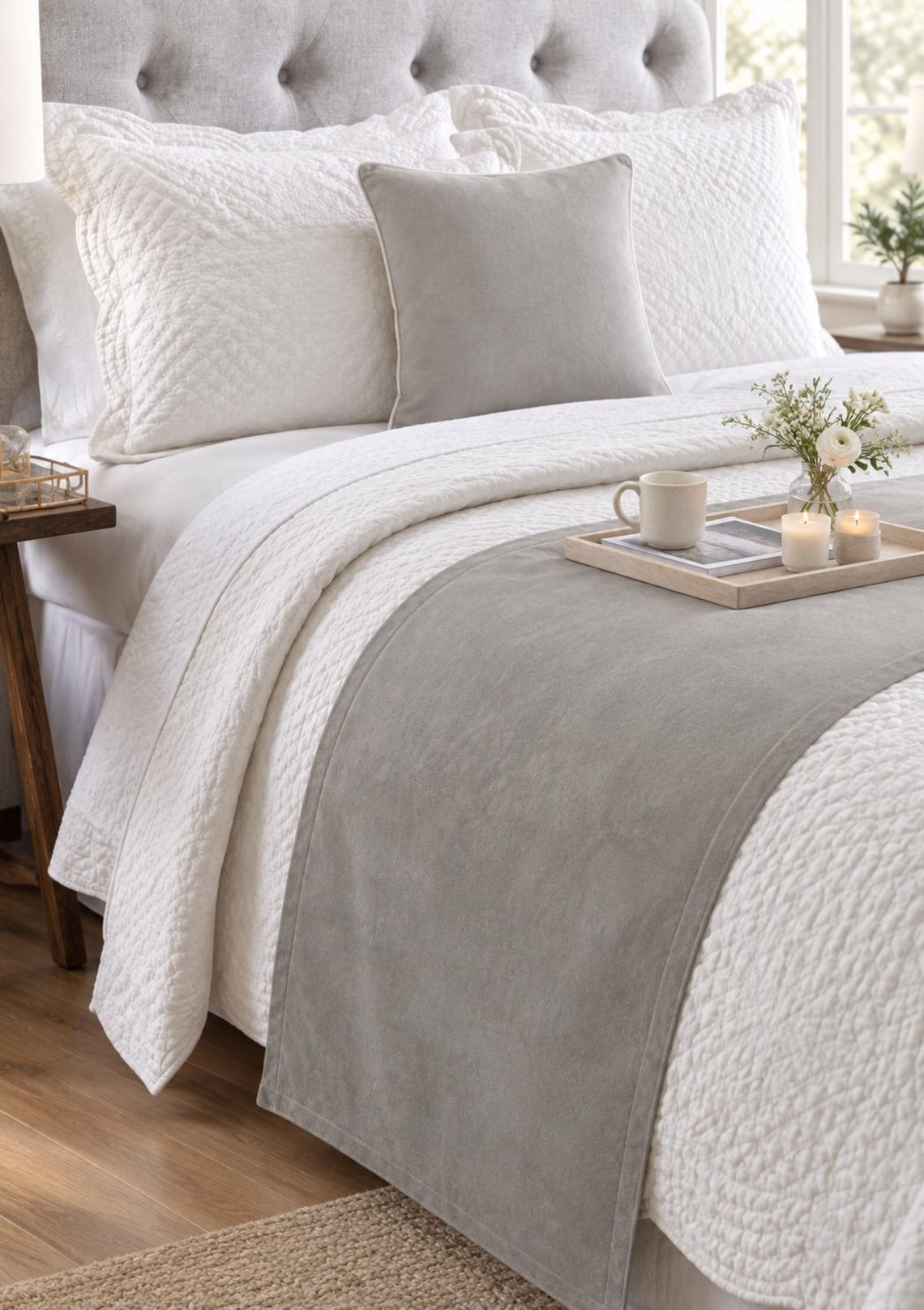 Dove Gray Velvet Decorative Bed Runner and Pillow Cover