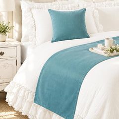 Velvet Blue Decorative Bed Runner and Pillow Cover - Blue Velvet