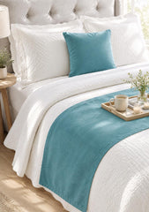 Blue Velvet Decorative Bed Runner and Pillow Cover