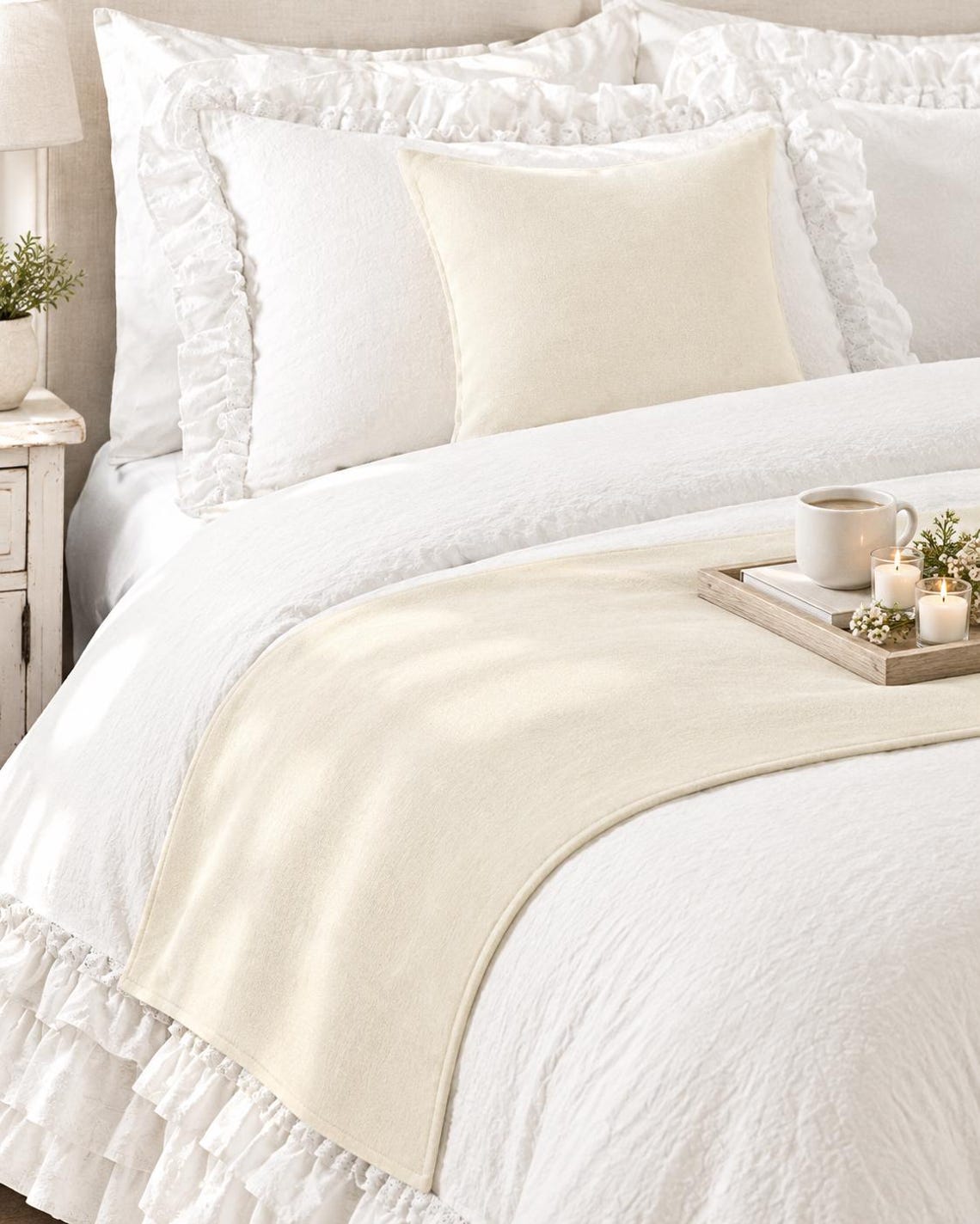 Ivory Velvet Decorative Bed Runner and Pillow Cover