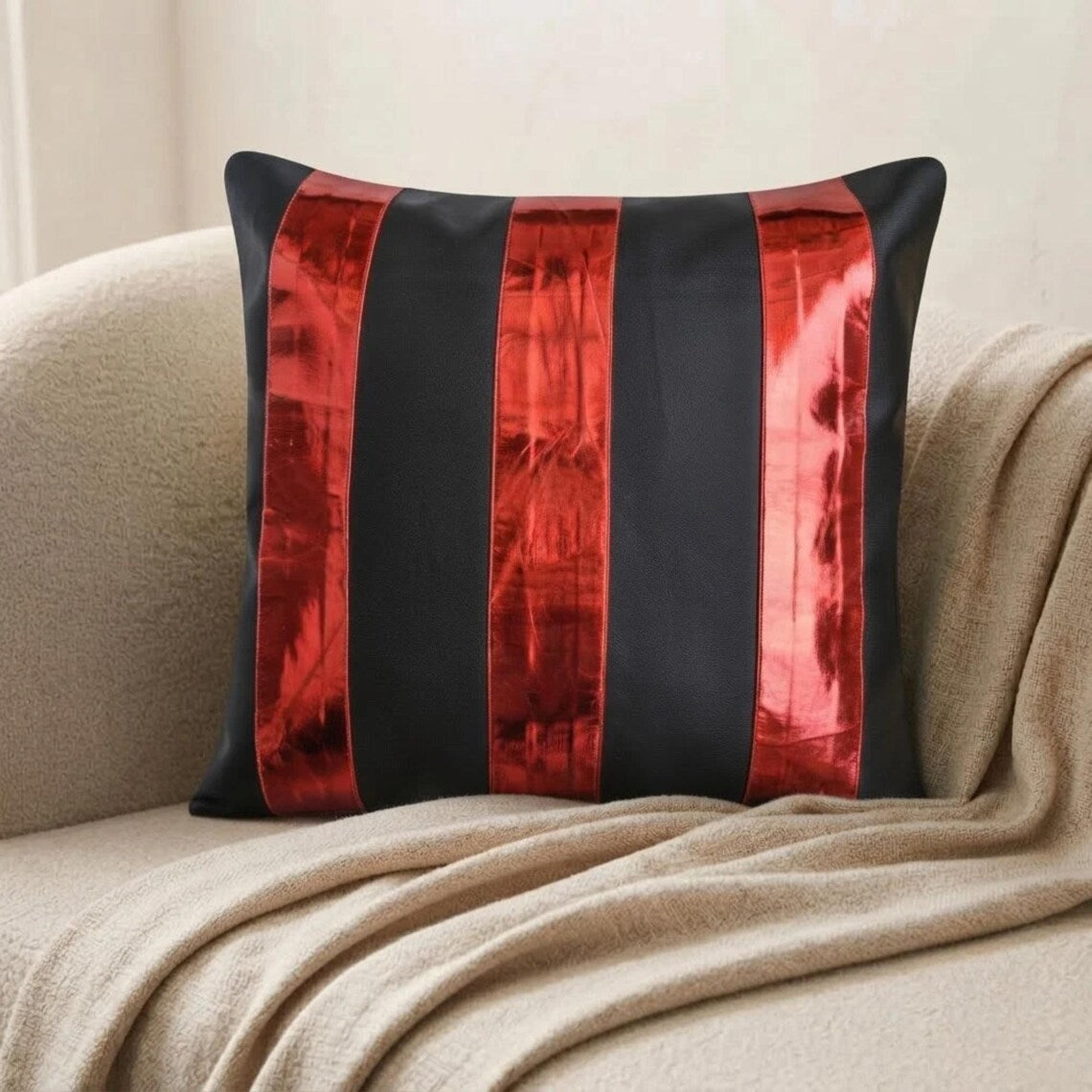 Alternating Red - Red Faux Leather Throw Pillow Cover