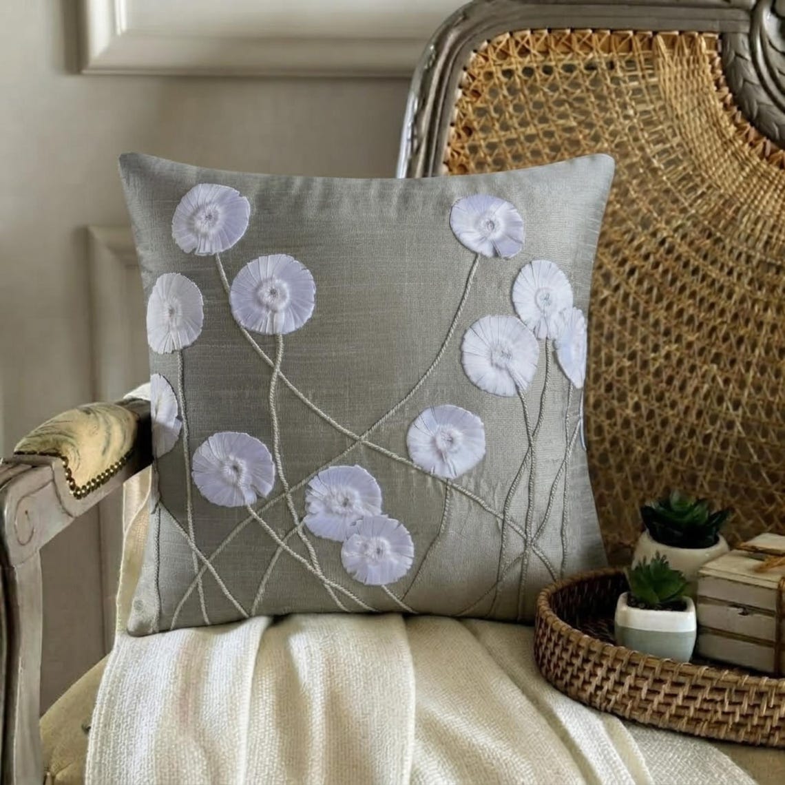 Floral Whispers - Gray Art Silk Throw Pillow Cover