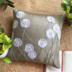 Floral Whispers - Gray Art Silk Throw Pillow Cover
