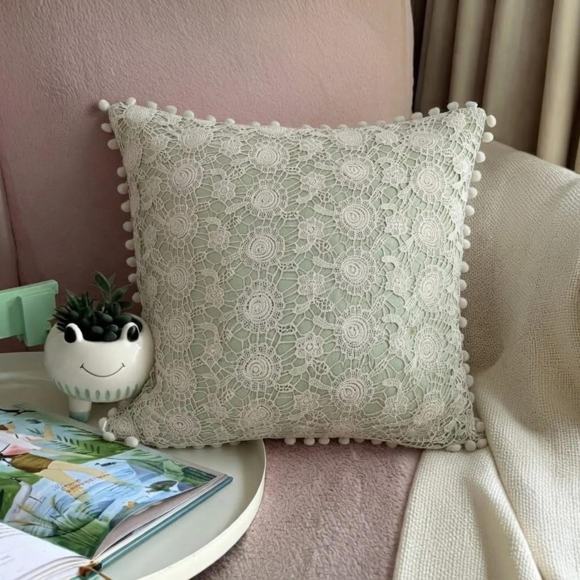 Crochet Rose - Pastel Green Cotton Linen Throw Pillow Cover