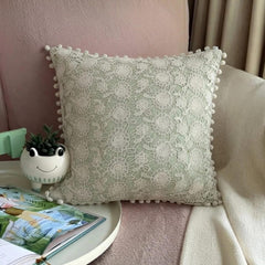 Crochet Rose - Pastel Green Cotton Linen Throw Pillow Cover