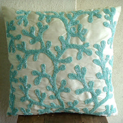 Sea Weeds - Aqua Blue & White Art Silk Throw Pillow Cover