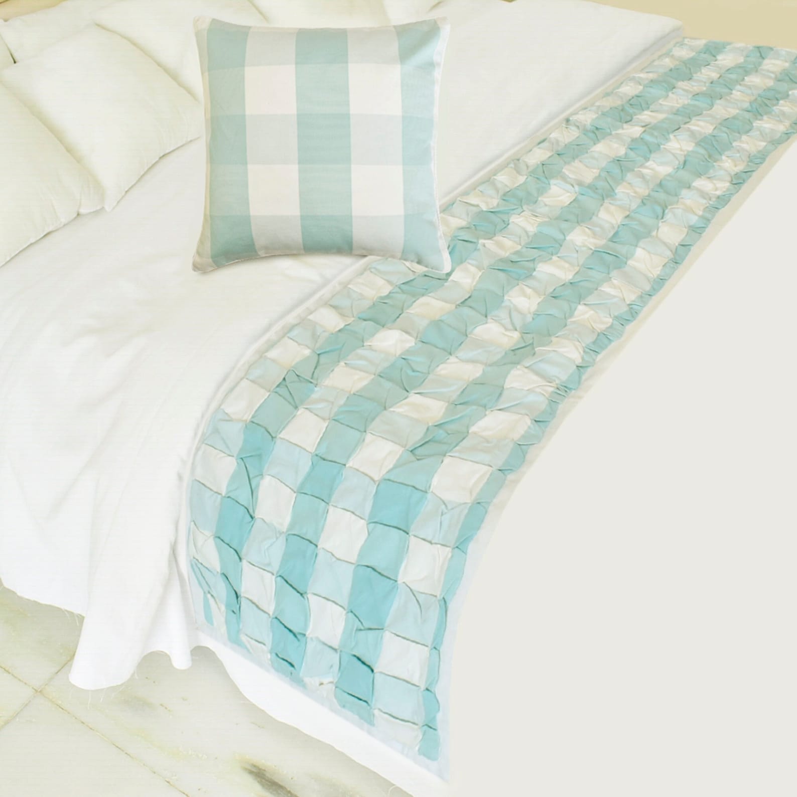 Aqua Plaid Knots Decorative Bed Runner and Pillow Cover