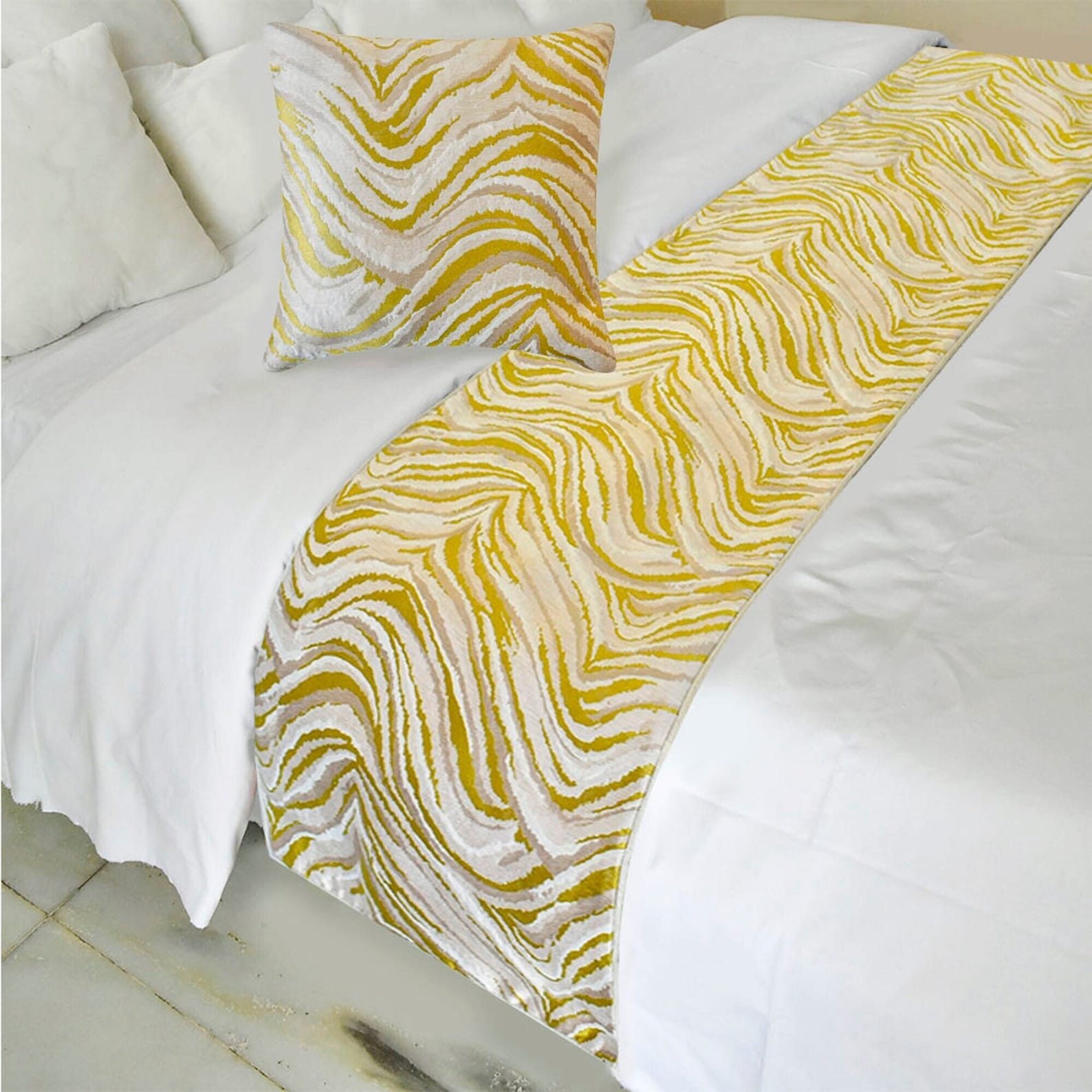 Yellow Whirls Decorative Bed Runner and Pillow Cover