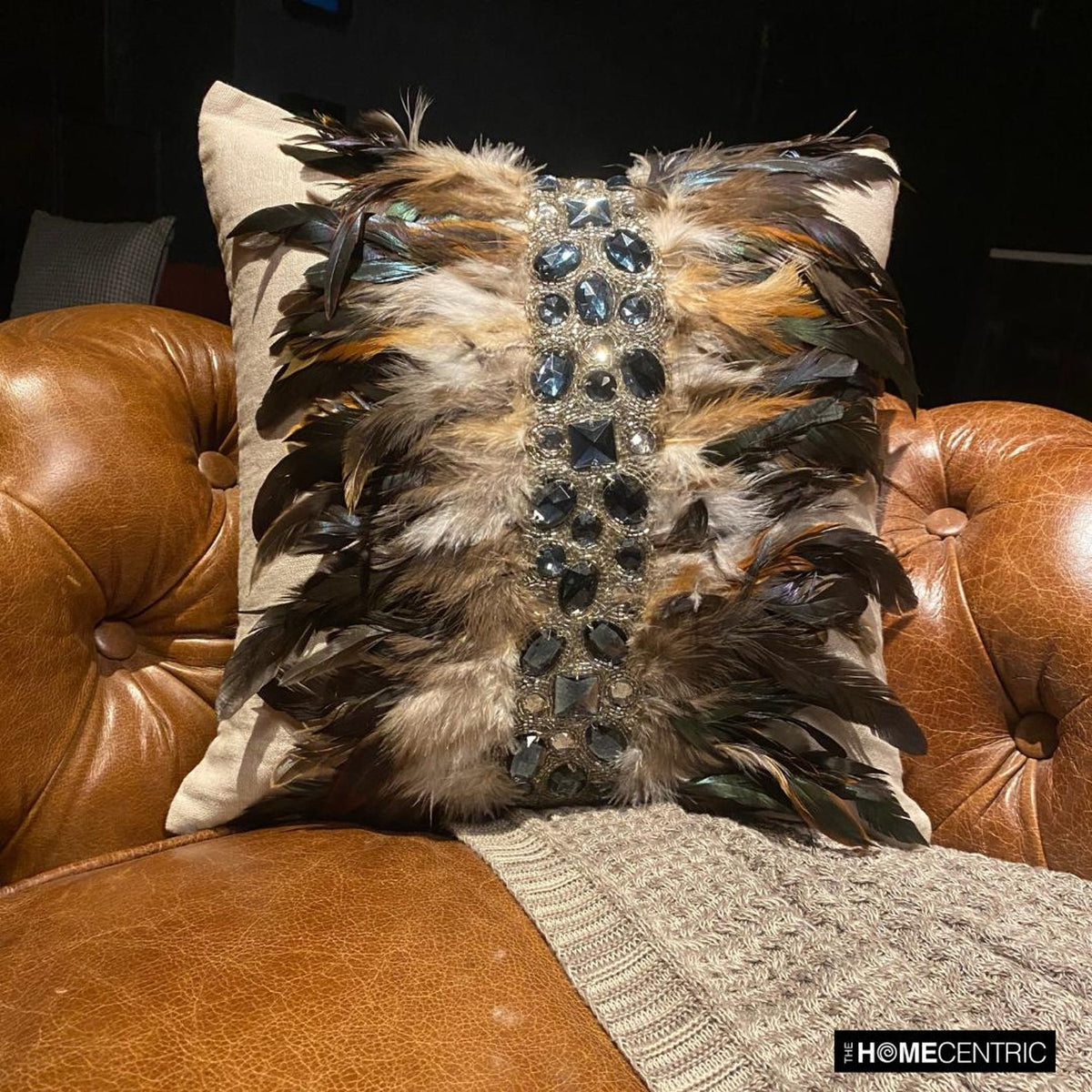 Crystallised Feathers - Beige Linen Throw Pillow Cover