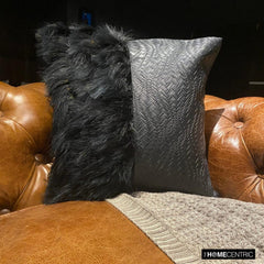 Furry World - Black Faux Leather  &  Fur Decorative Euro Sham