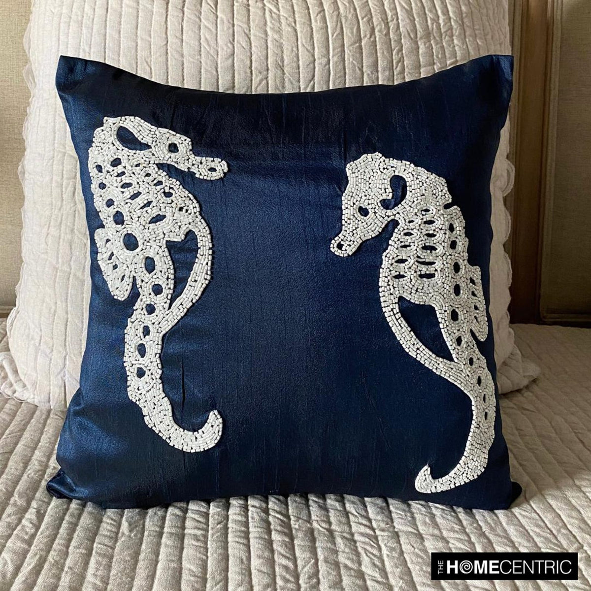 Navy Blue Sea Horse - Navy Blue Art Silk Throw Pillow Cover