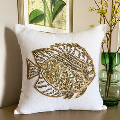 Glamour Fish - Ivory Linen Throw Pillow Cover
