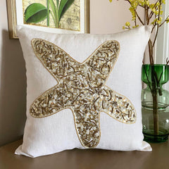 Starfish Party - Ivory Linen Throw Pillow Cover