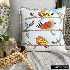 Feathered Whispers - Orange Cotton Throw Pillow Cover
