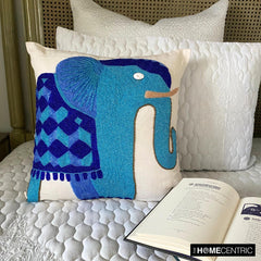 Blue Elephant - Blue Cotton Linen Throw Pillow Cover