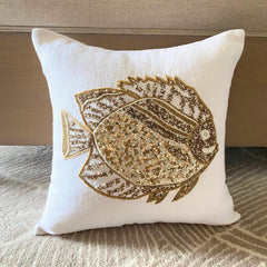 Glamour Fish - Ivory Linen Throw Pillow Cover