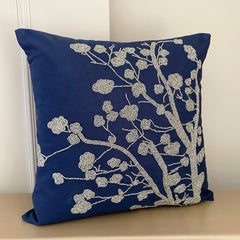 Silver Magnolia - Navy Blue Cotton Linen Decorative Euro Sham