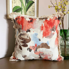 Watercolor Visions - Coral Cotton Linen Throw Pillow Cover