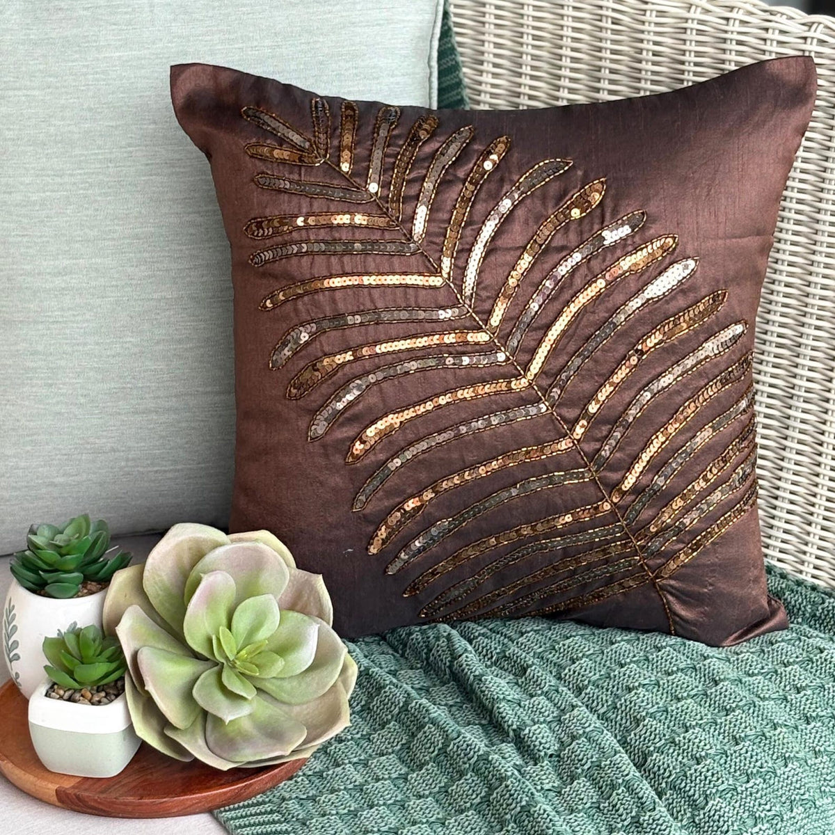 Brown Leaf - Brown Art Silk Decorative Euro Sham
