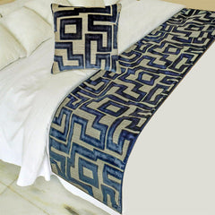 Routed Blue Decorative Bed Runner and Pillow Cover