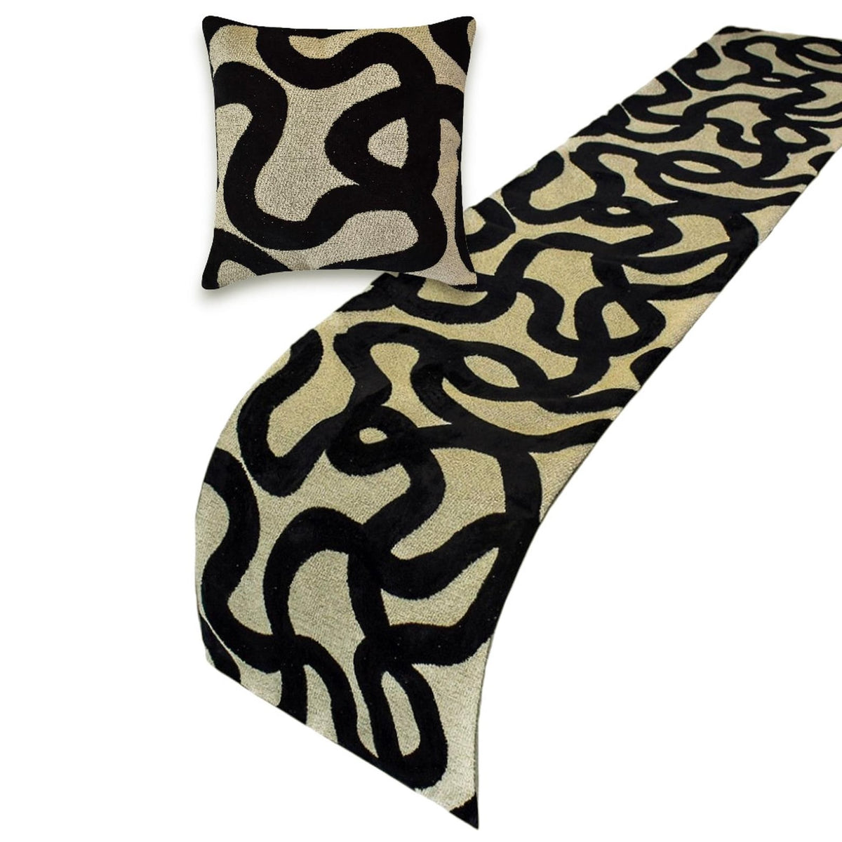 Noir Scroll - Cut Velvet Black Decorative Bed Runner and Pillow Cover